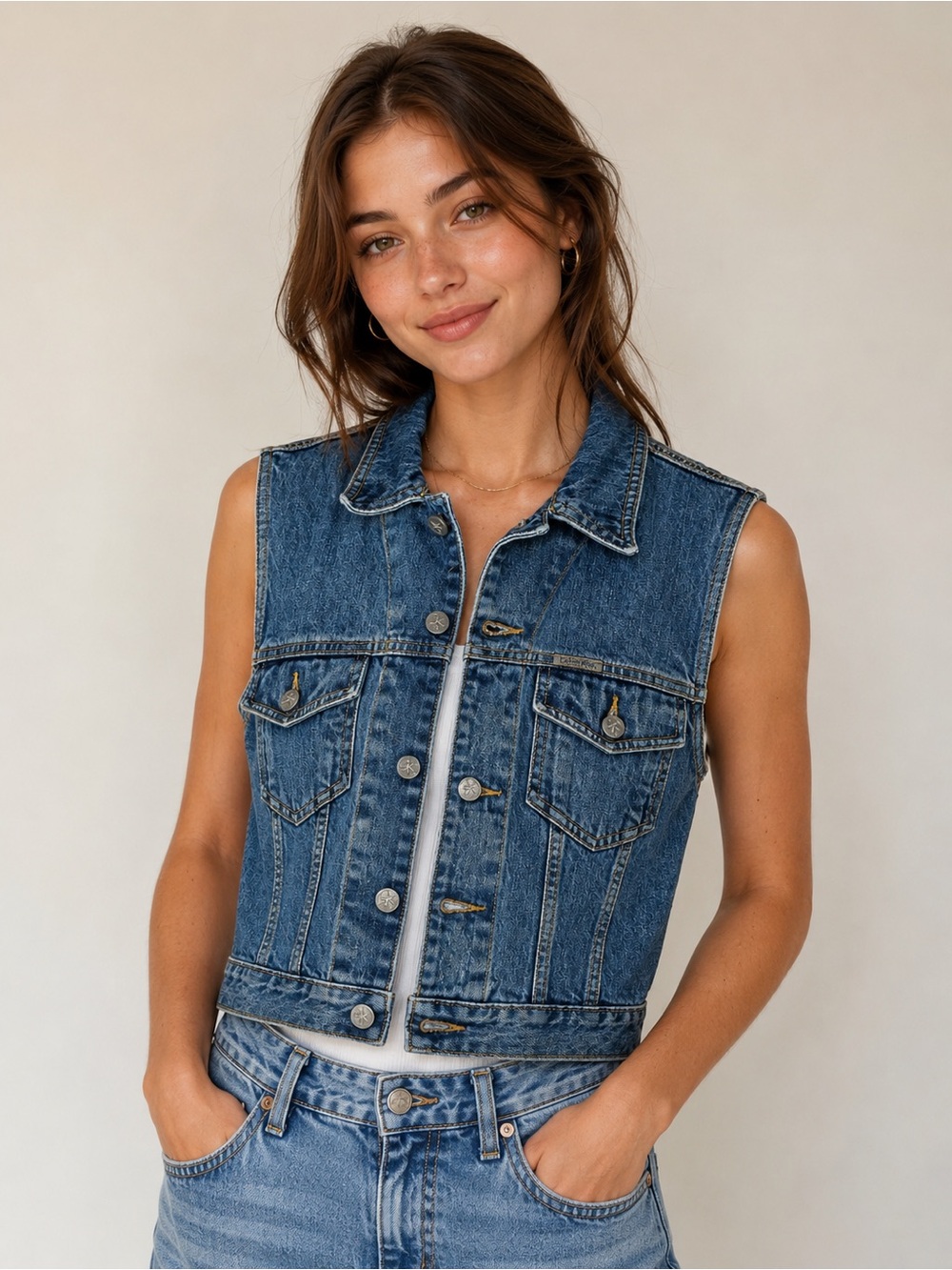 Calvin Klein Vintage 90s Cropped Denim Vest Button Up Small